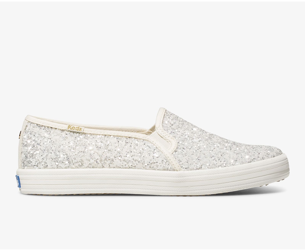 Slip On Γυναικεια - Keds Kate Spade New York Double Decker Glitter - Λευκα - PDMGF2419